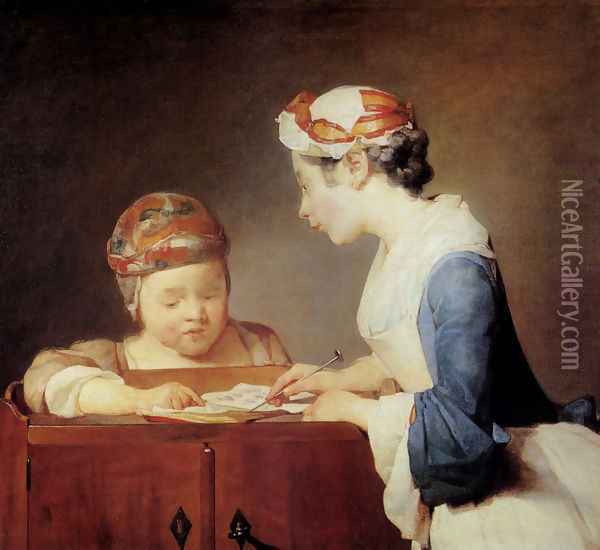 The Young Schoolmistress c. 1736 Oil Painting - Jean-Baptiste-Simeon Chardin
