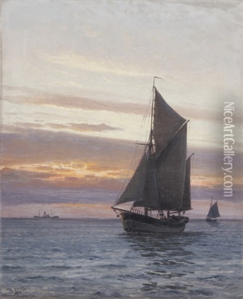 Segelschiffe Im Abendrot Oil Painting - Christian Benjamin Olsen