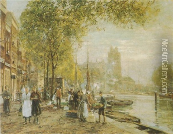 Strassenszene In Amsterdam Oil Painting - Heinrich Hermanns