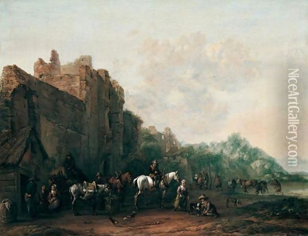 Travellers And Pack Animals Resting Before A Ruined Building, A Drover Watering His Cattle Beyond Oil Painting - Barend Gael or Gaal