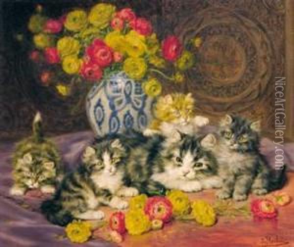 Katzenmutter Mit Ihren Jungen. Oil Painting - Daniel Merlin