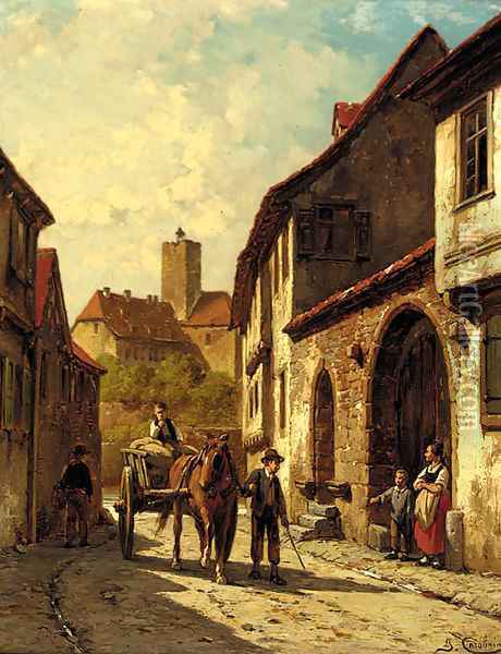 A horse and cart on a continental backstreet Oil Painting - Jacques Carabain