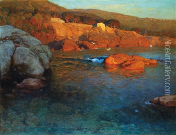 Sonnenuntergang Am See Bei Fiascherino In Ligurien Oil Painting - Gustav Schoenleber