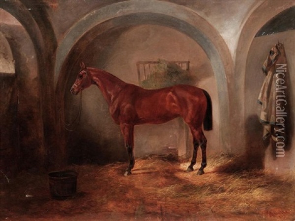 A Bay Hunter In A Stable Oil Painting - Joseph Heicke