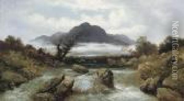 A Foaming Torrent, With Snowdon Beyond Oil Painting - William James Muller