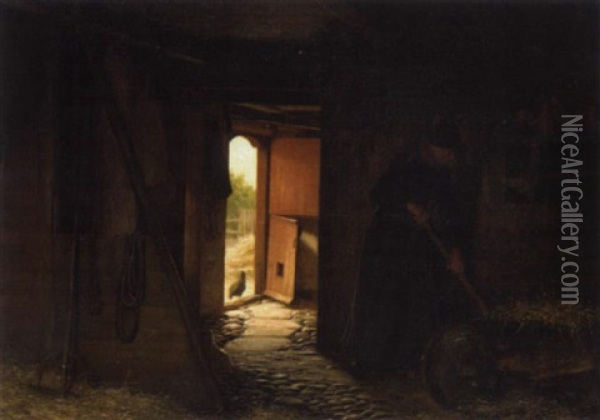 Frau Im Huhnerstall Oil Painting - Johann Julius Exner