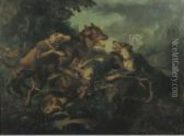 Lupo Aggredito Da Cani Oil Painting - Il Crivellino Giovanni Crivelli