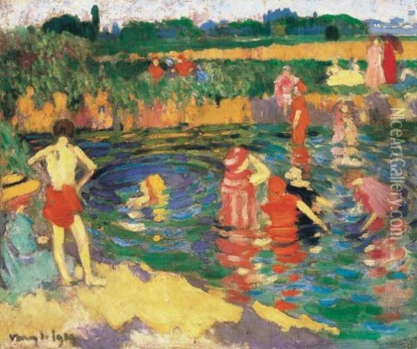 Bathing In The Open Air (fenyesfurdo In Tata) Oil Painting - Janos Vaszary