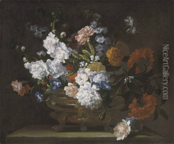 Peonies, Carnations, Poppies And Auriculae In A Bronze Urn On A Stone Ledge Oil Painting - Jean-Baptiste Monnoyer