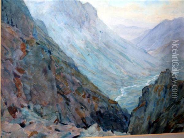 Watercolour,mountainous Landscape Scene, Signed Oil Painting - Alfred Heaton Cooper