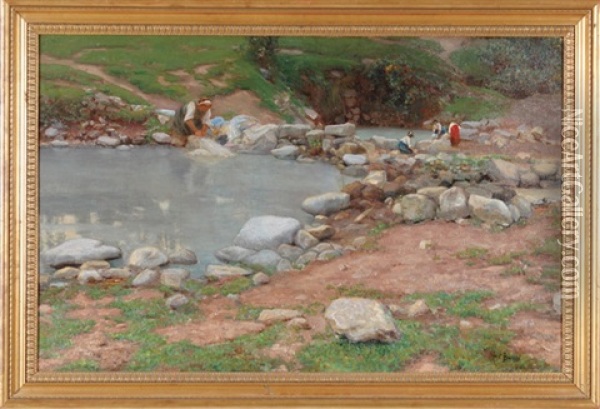 Italian Women Doing Laundry In Pools Amid Boulders Oil Painting - Mose di Giosue Bianchi