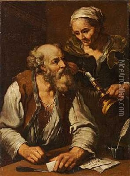 A Man Sealing A Letter, A Woman Beside Him Oil Painting - Bernhard Keil