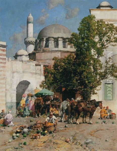 A Market Outside The City Gate Oil Painting - Alberto Pasini