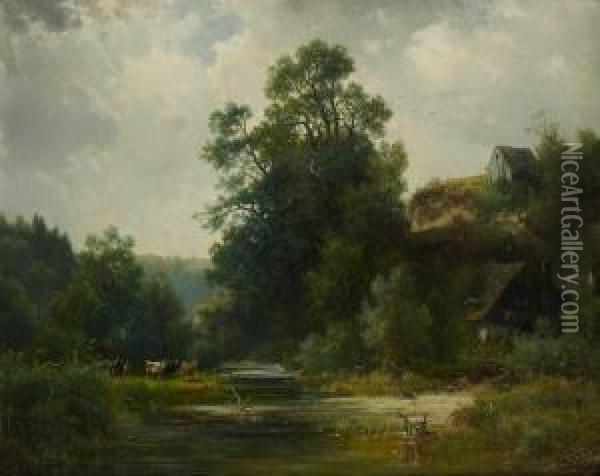 Flusslandschaft Mit Bauernhausern Oil Painting - Ludwig Skell