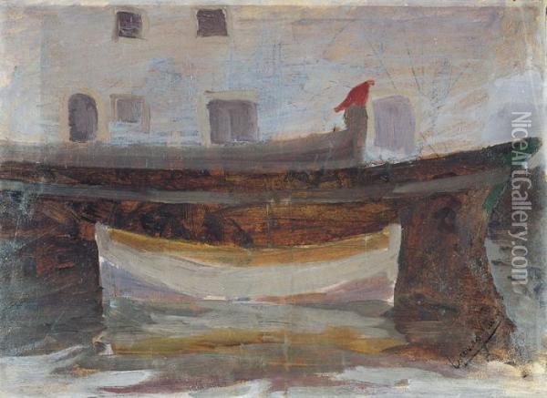 Barconi (darsena)-1908 Oil Painting - Lorenzo Viani