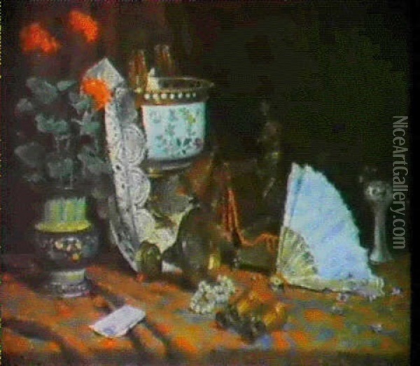 Opstilling Med Opsats, Potteplante, Perlekaede, Kikkert Og  Vifte Pa Et Bord Oil Painting - Jean Baptiste Olive