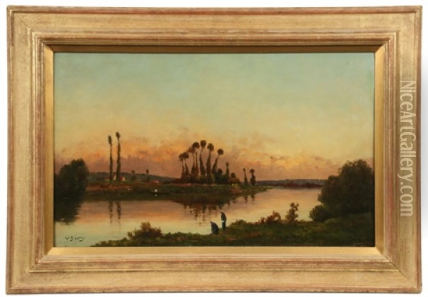 Washerwomen Working At River's Edge, Dusk Oil Painting - Hippolyte Camille Delpy