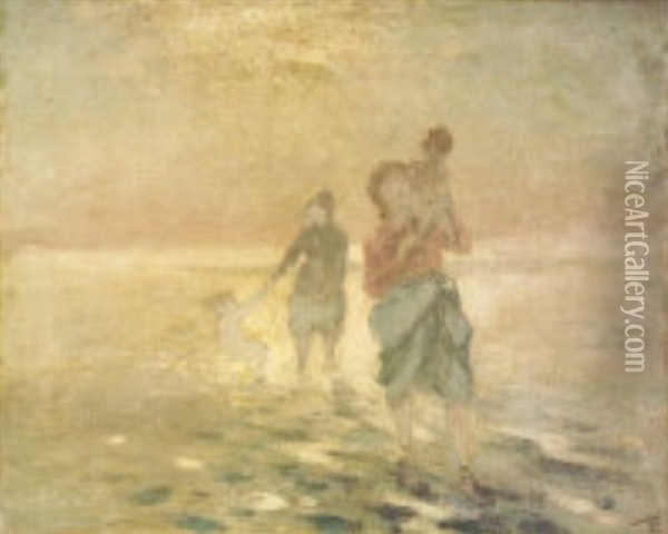 Women And Children Paddling Oil Painting - George Russell