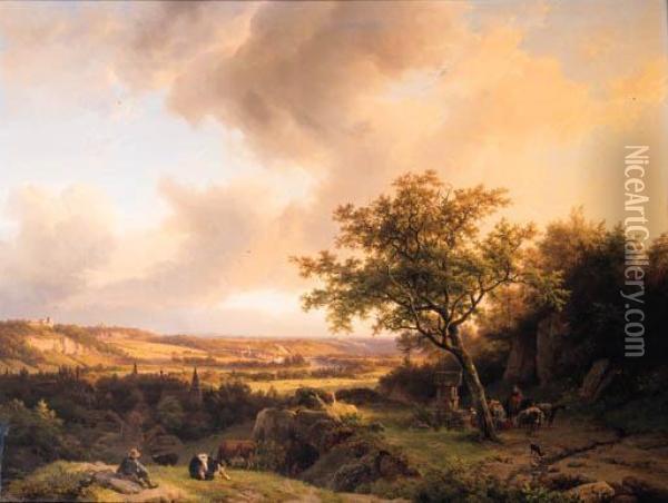A Panoramic Rhenish Landscape Oil Painting - Barend Cornelis Koekkoek