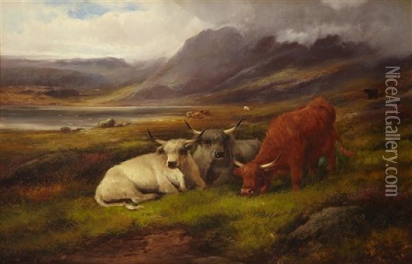 Highland Cows, Loch-side Oil Painting - John W. Morris