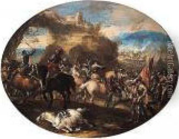 A Cavalry Battle Before A Hill-top Town Oil Painting - Antonio Maria Marini