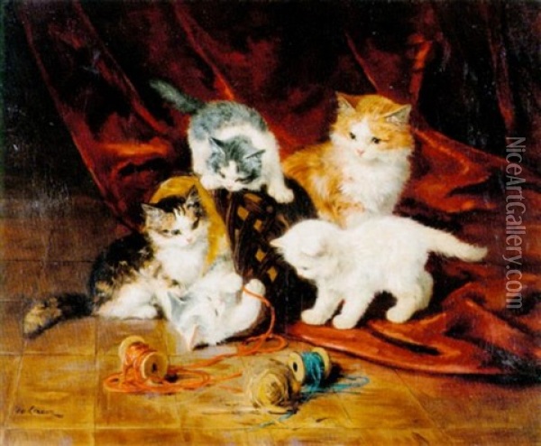 Spielende Katzenfamilie Vor Rotem Vorhang Oil Painting - Marie Yvonne Laur