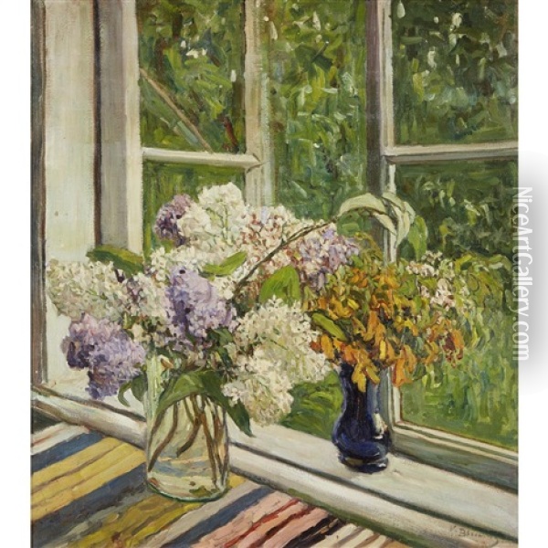 Flowers By An Open Window Oil Painting - Konstantin Semionovich Vysotsky