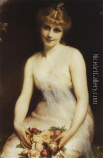 Young Beauty With Roses Oil Painting - Etienne Adolph Piot