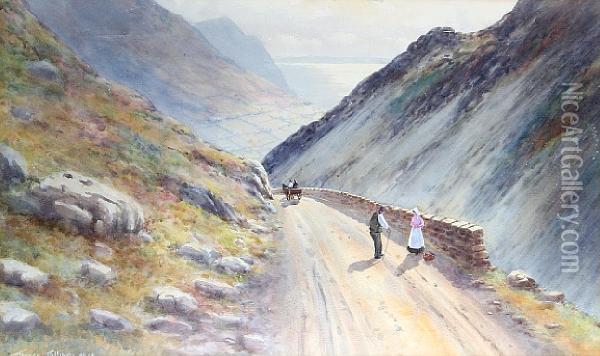 Sychnant Pass, With Travellers, Horse And Cart Before An Extensive Landscape Oil Painting - Warren Williams
