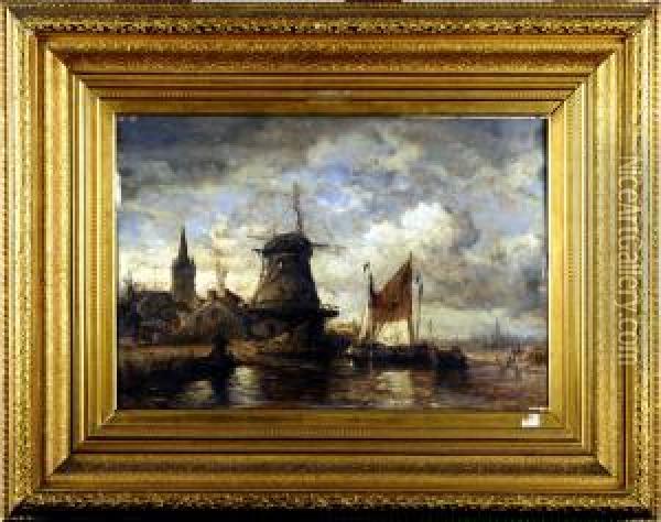 Village Portuaire Avec Moulin. Oil Painting - Hendrik Frans Schaefels