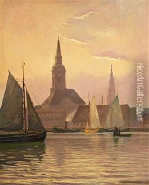 Dusk Over Copenhagen With Christian's Church Oil Painting - Alfred Olsen