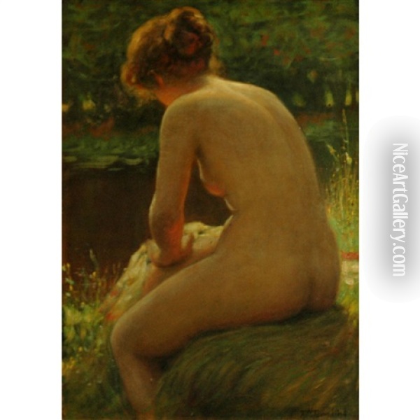 Female Nude At The Water's Edge Oil Painting - Frank Hector Tompkins