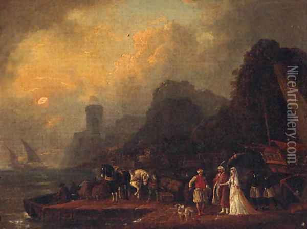 Figures in Oriental costume on a quay at dusk Oil Painting - Jean Baptiste Vanmour