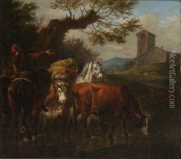 Zwei Hirten Mit Pferden, Kuhen Und
 Schafen Oil Painting - Pieter van Bloemen
