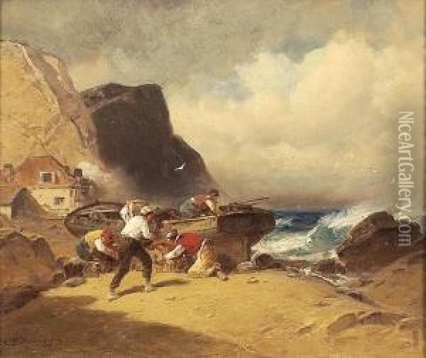 Casting Off Fromthe Beach Oil Painting - George Washington Nicholson