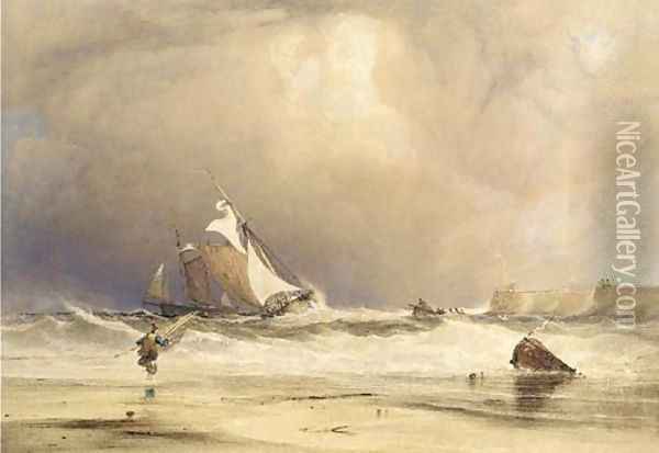 Fishing boats in a stiff breeze, off shore Oil Painting - Anthony Vandyke Copley Fielding