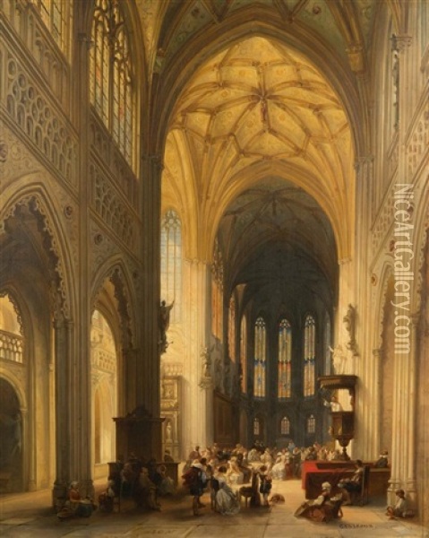 Gothic Cathedral Interior Oil Painting - Jules Victor Genisson