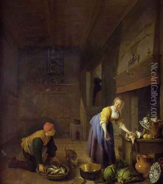 A kitchen with a kitchenmaid preparing poultry and a fishmonger delivering fish Oil Painting - Hendrick Maertensz. Sorch (see Sorgh)