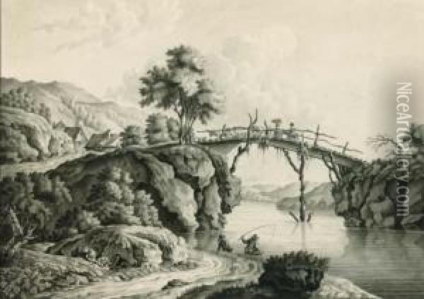 Herders With Cattle Crossing A Bridge With Anglers Below; Andfigures With A Horse And Cart Crossing A Bridge Oil Painting - Lieutenant Thomas Yates