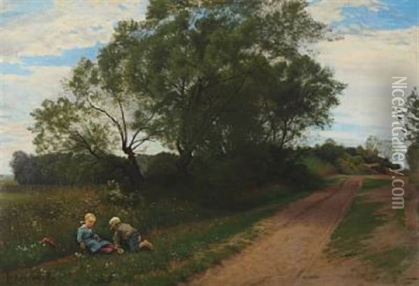 Landscape With Children Playing Oil Painting - Ludvig Kabell
