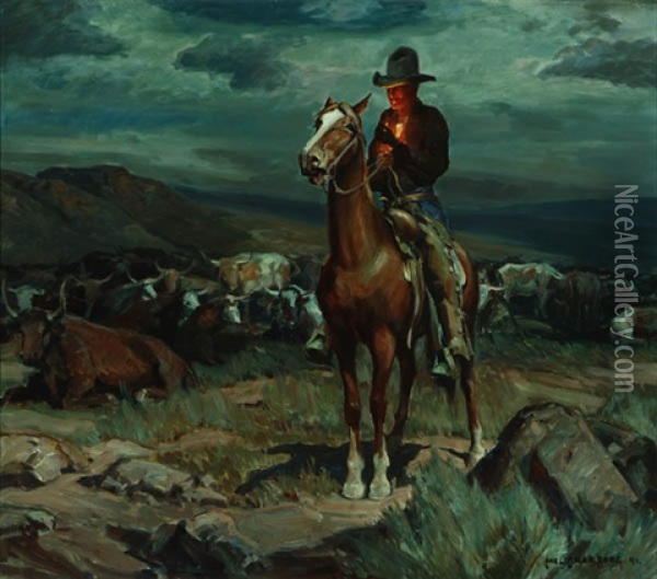 Evening On The Range - Cowboy On Horseback Oil Painting - Carl Oscar Borg