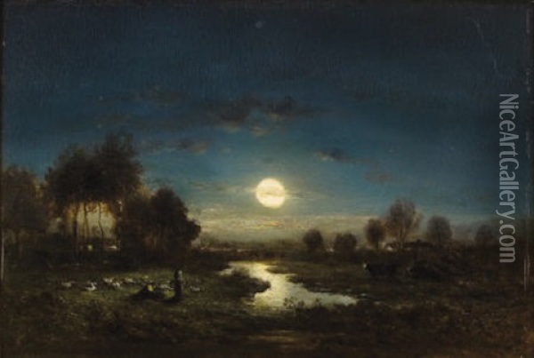 Pastoral Landscape In Moonlight Oil Painting - Gilbert Munger