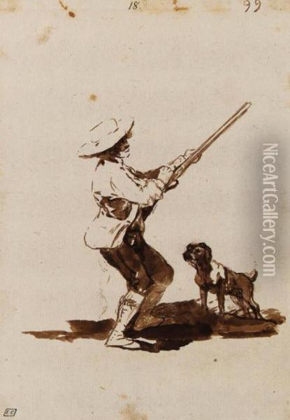 A Hunter Loading His Gun, Accompanied By His Dog Oil Painting - Francisco De Goya y Lucientes