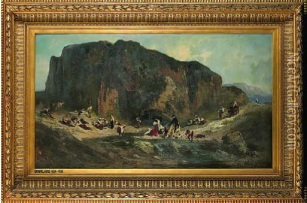 Passage D'une Riviere Devant Un Rocher Oil Painting - Antoine Joseph Bourlard