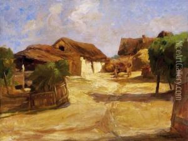 Sunlit Village Yard At Noon Oil Painting - Janos Tornyai