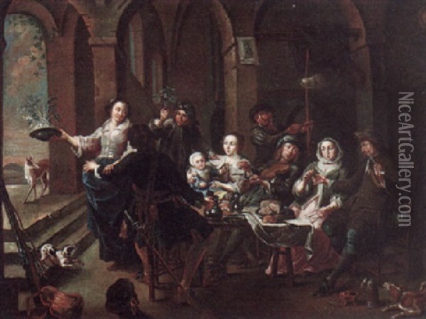 An Interior With Various Figures Seated At A Table Dining, Drinking And Making Music Oil Painting - Willem van Herp the Elder