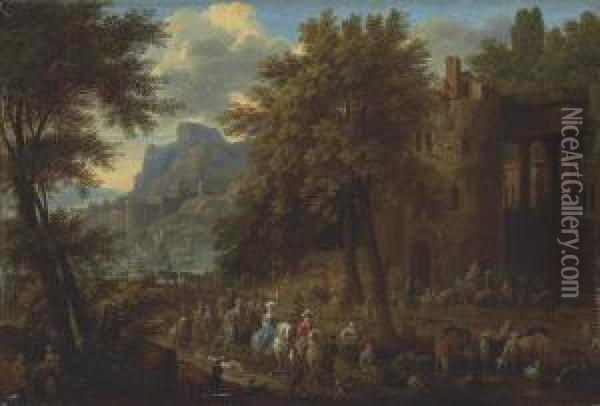 A Wooded Landscape With An Elegant Company Passing Througharchitectural Ruins Oil Painting - Jean Baptist Van Der Meiren