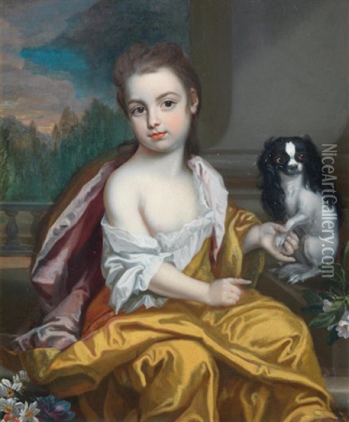Portrait Of Girl Three-quarter Length, Seated Beside A Dog Oil Painting - James Maubert