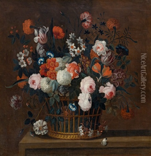 Still Life With Flowers In A Woven Basket On A Table Oil Painting - Simon Hardime