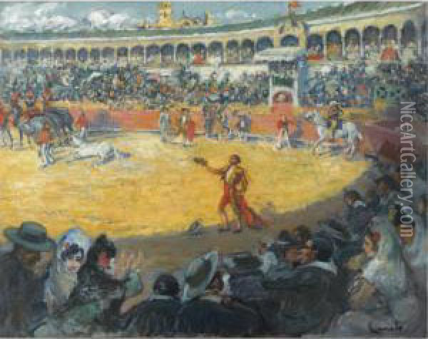 Corrida De Toros En La Plaza De La Maestranza De Sevilla (thebullfight In The Maestranza Oil Painting - Ricardo Canals y Llambi